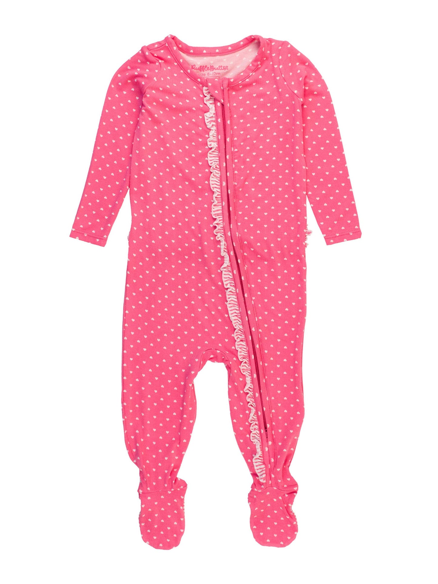 Baby Girls Hot Pink Hearts Polka Dot Bamboo Viscose Footed Ruffle One Piece Pajama