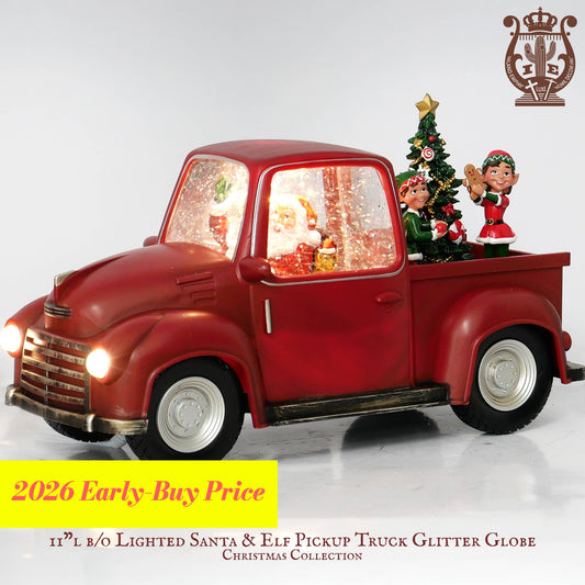11" Red Truck Glitter Snow Globe, Santa & Puppy or Elf