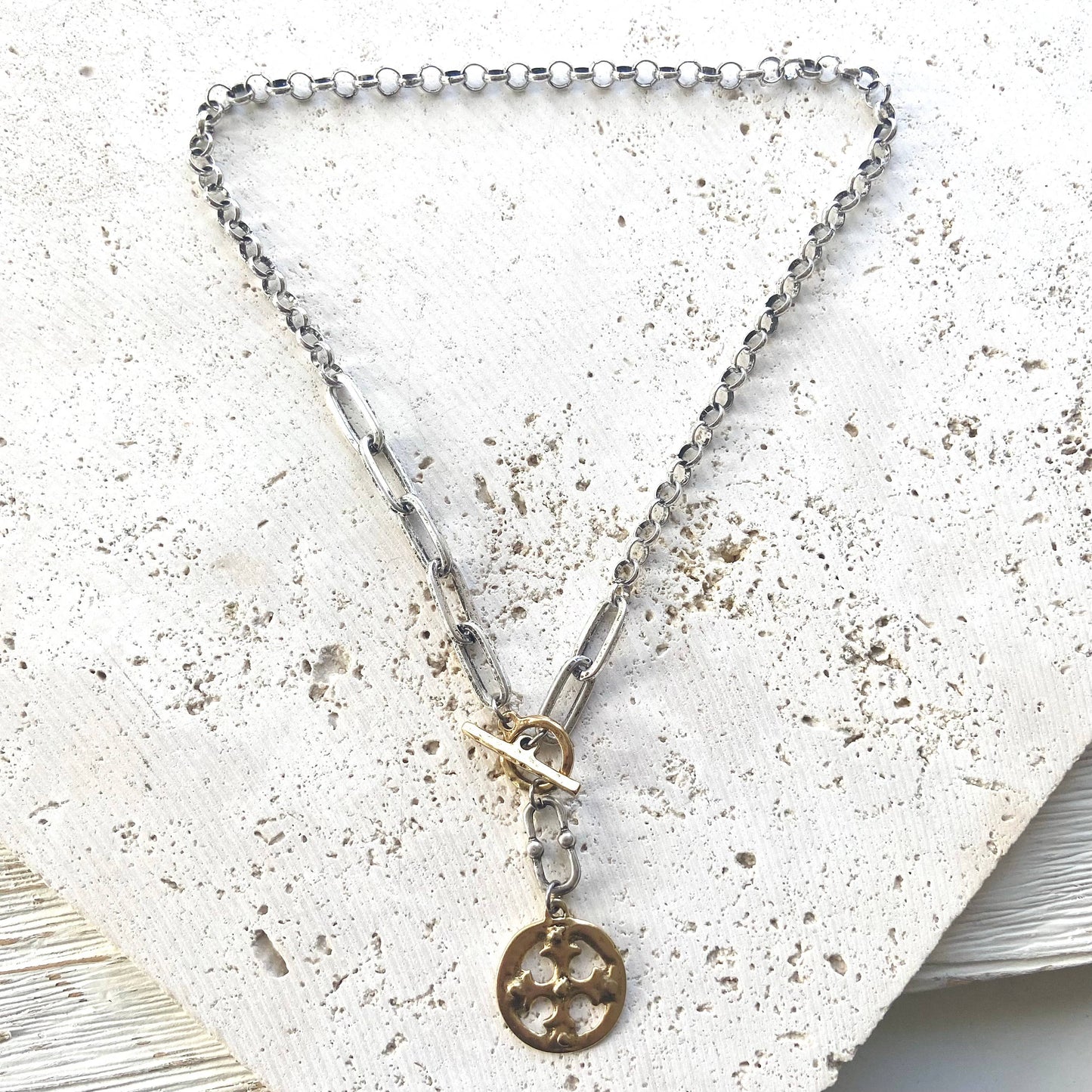 Mixed metal cross necklace no crystals