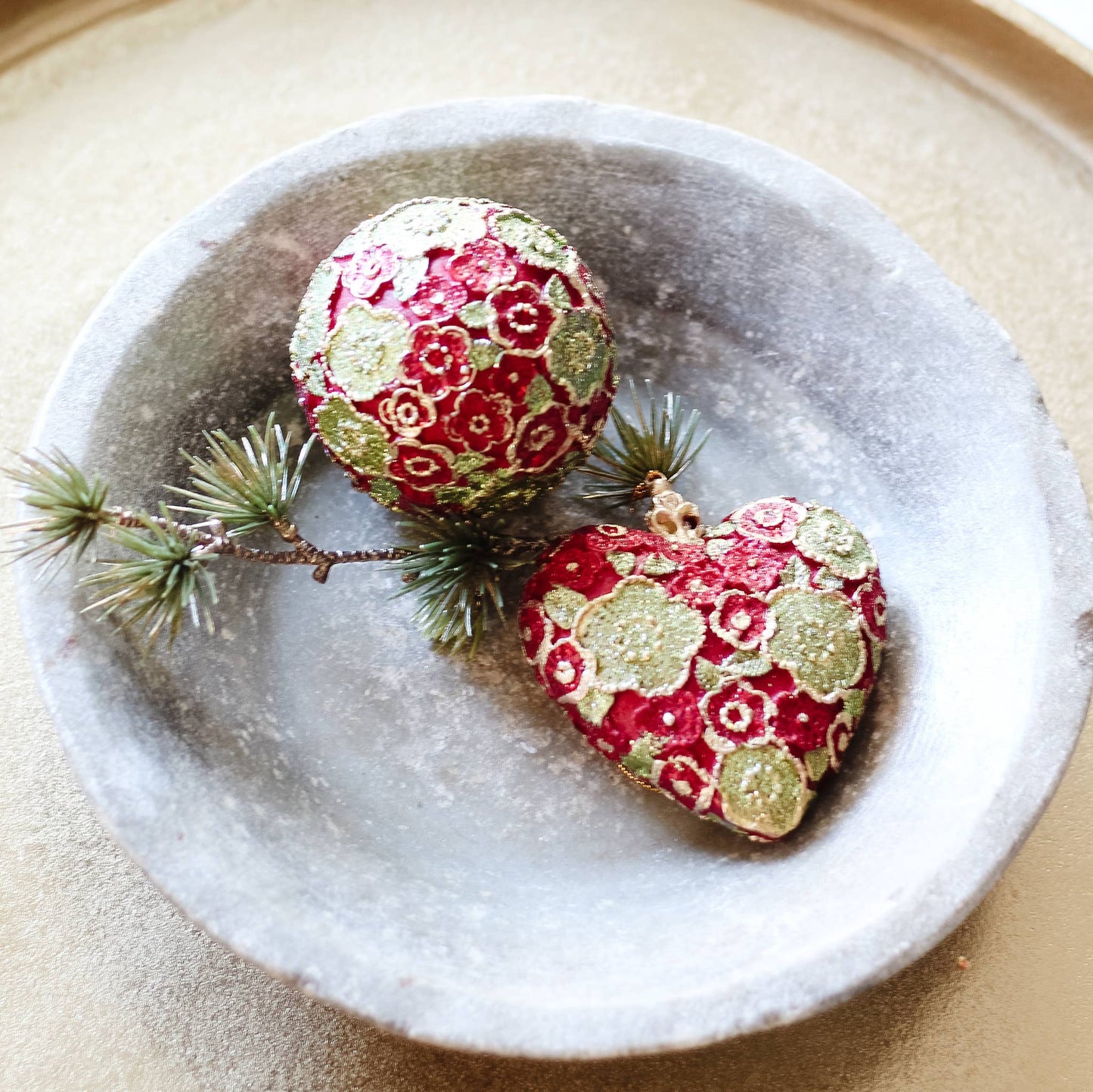 3.5" Beaded Petals Heart Orn (Red/Citron)