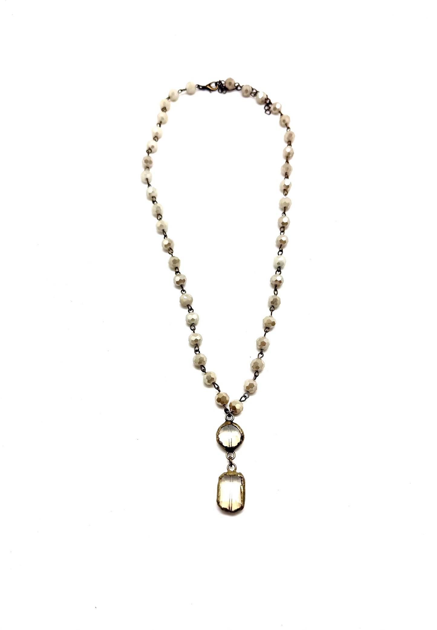 Necklace VintageStyleCreamGlass(8mm)w/Sq&Rd.BevelledGlass21”