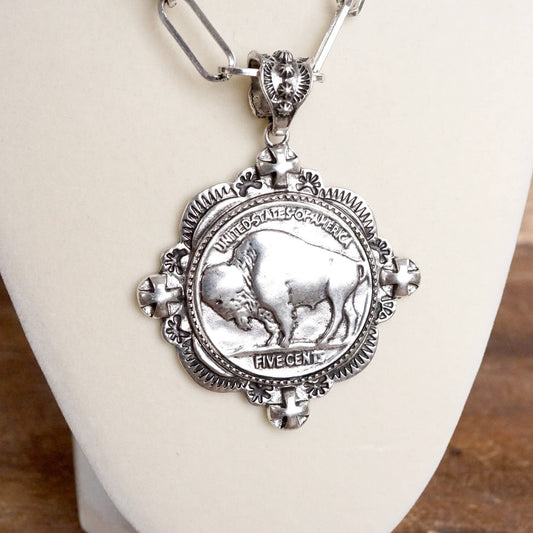 Western Buffalo Coin Statement Necklace Set - Worn Silver Tone