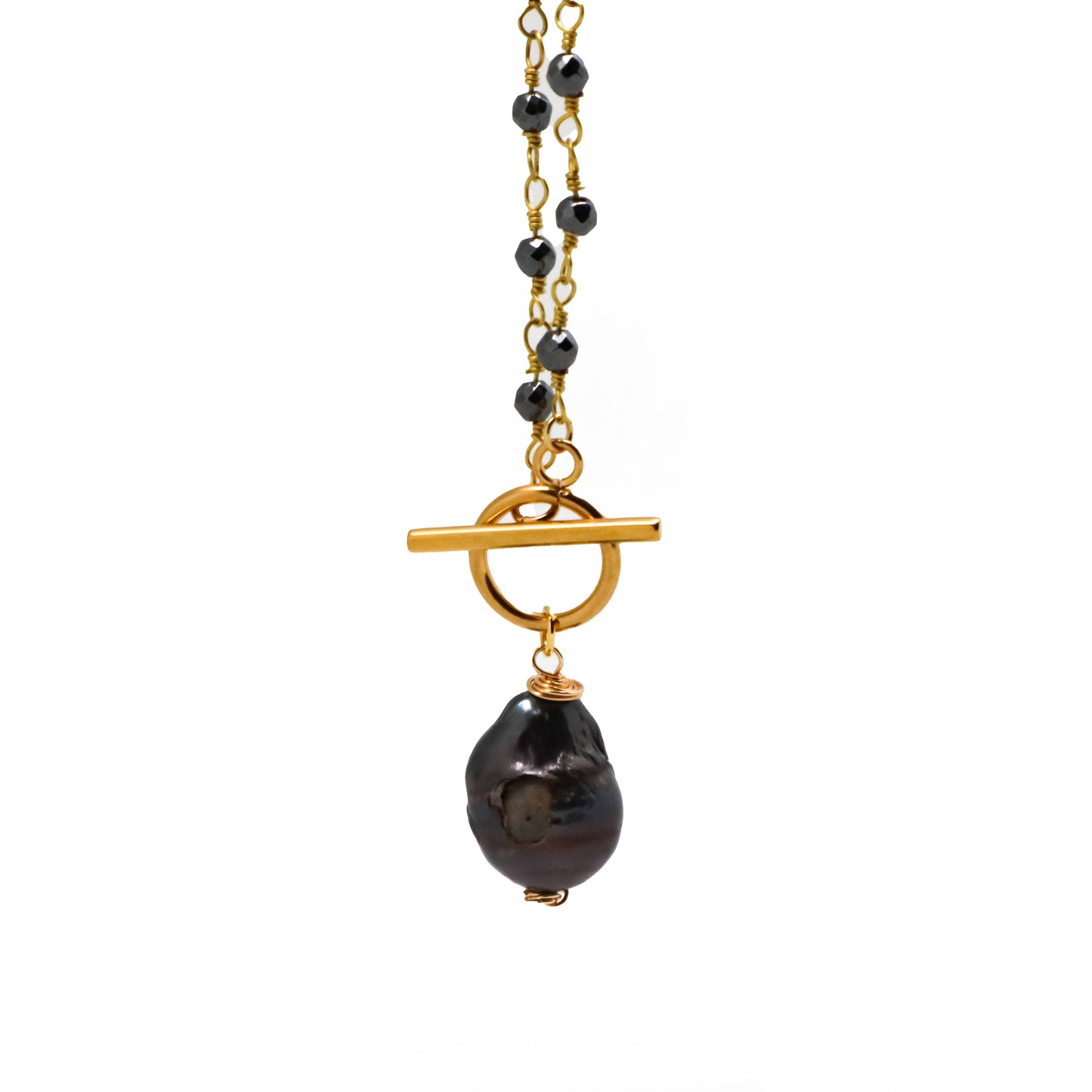 Necklace Hematite3mm bead)w/Midnight BaroquePearl Drop18”