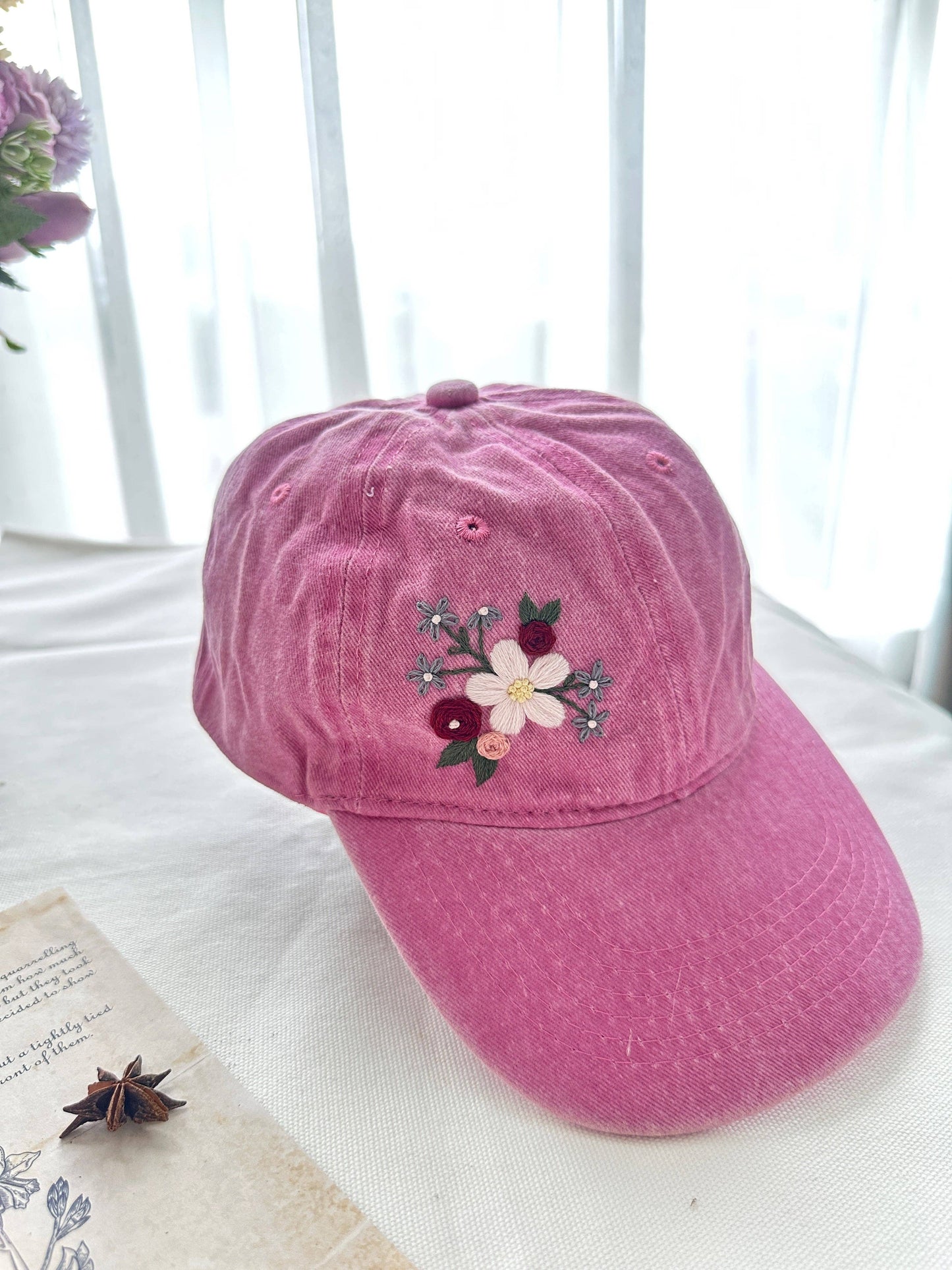 White Flower Embroidered Pink Baseball Cap