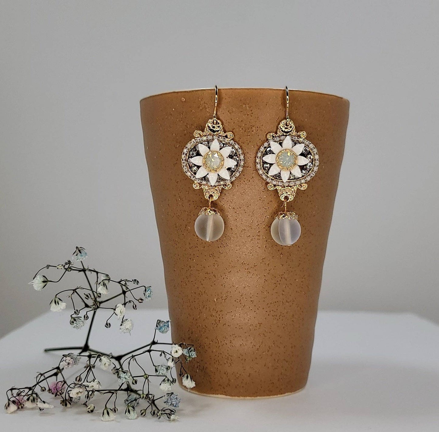 Handmade Daisy Accent With Moonstone Dangle Earrings