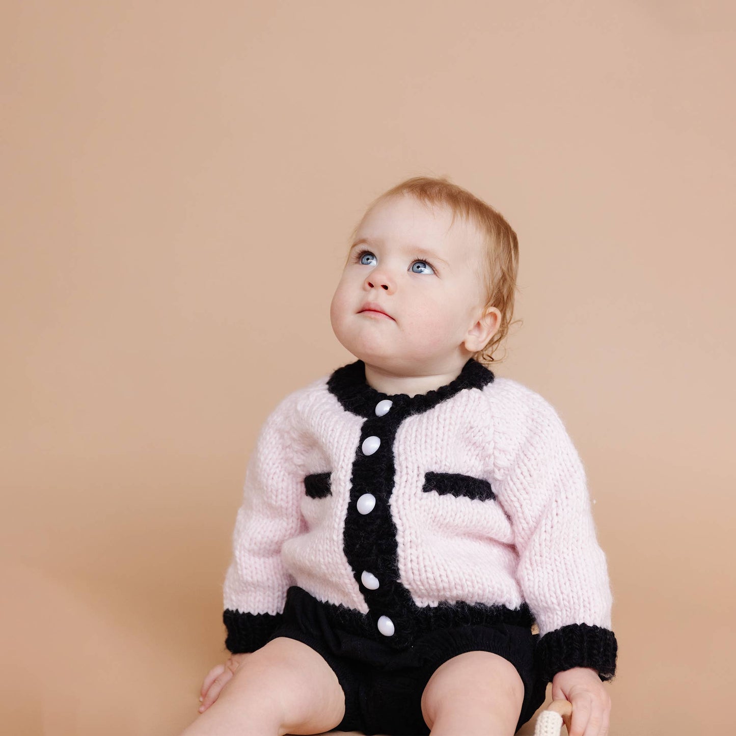 Coco Cardigan, Baby Pink/Black | Kids Pearl Sweater
