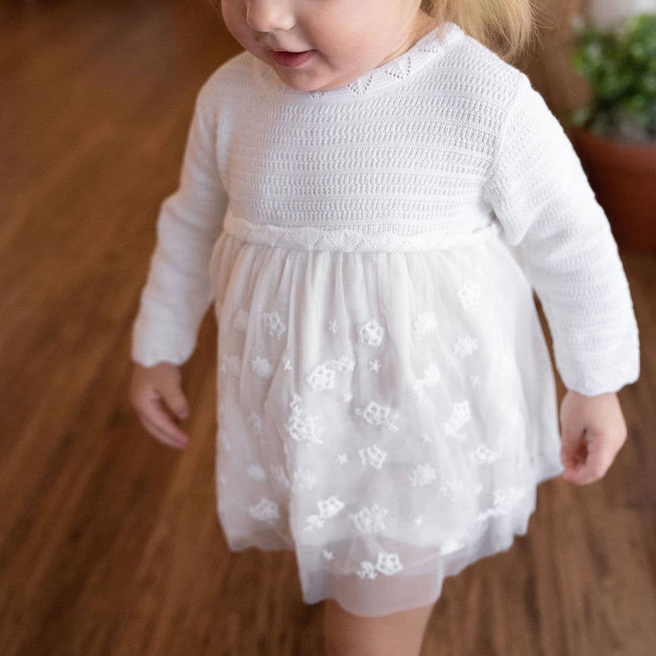 Milan White Floral Embroidered Tutu Knit Baby Dress Organic