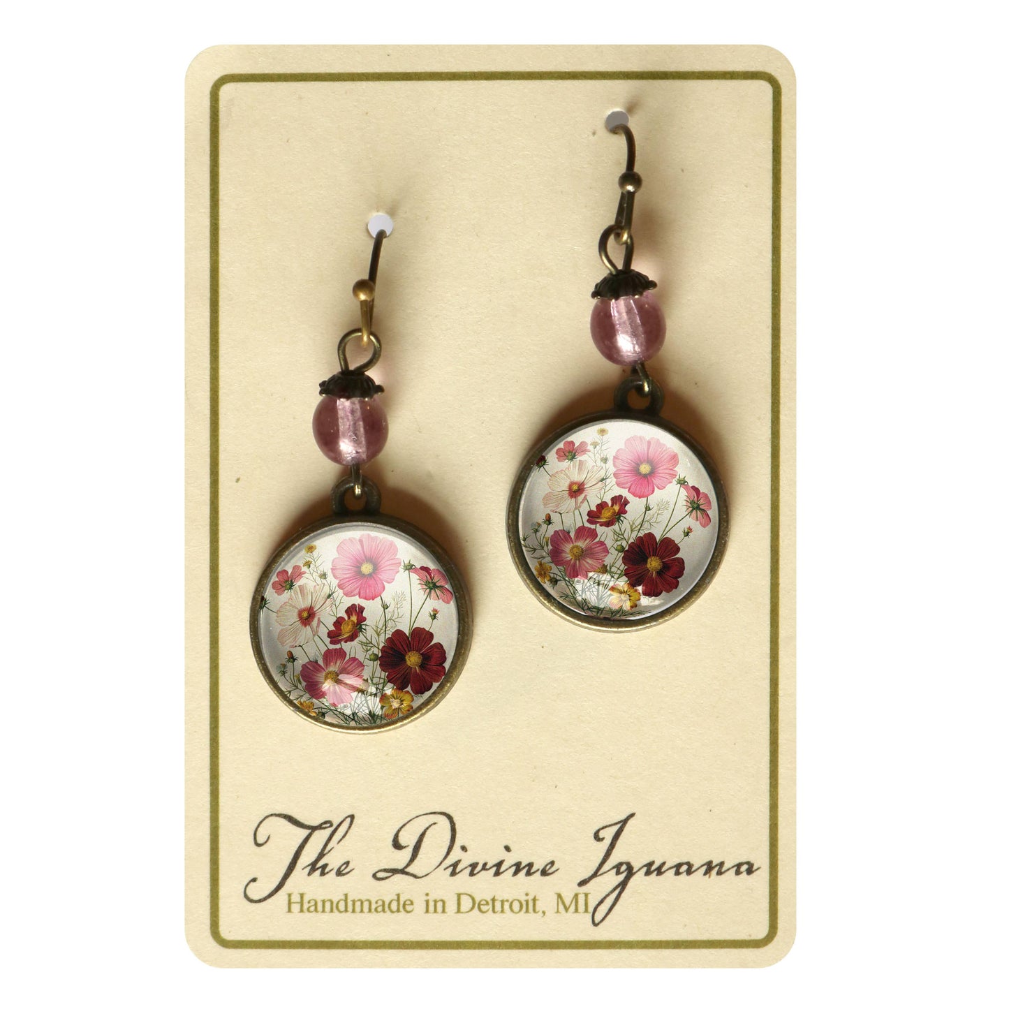 Cosmo Flower Glass Cabochon and Bronze Earrings