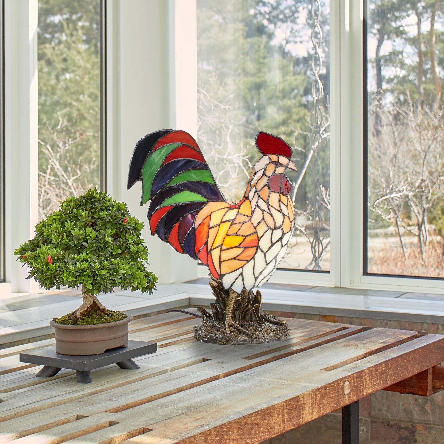 15"H Tiffany-style Rooster Multi-Color Novelty Accent Lamp