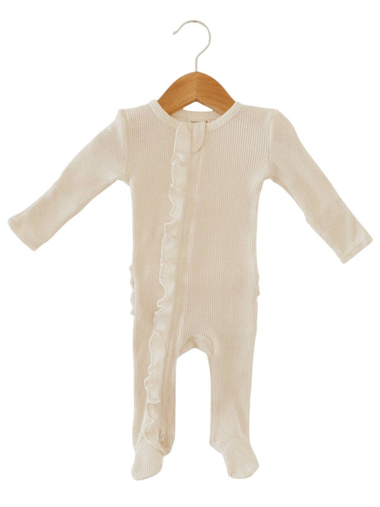 Organic Waffle 2-Way Zip Ruffle Footie, Snow: 3 - 6 mo.