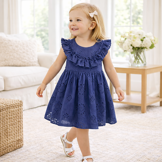 Girls' Eyelet Ruffle Dress Cotton Blue Embroidered