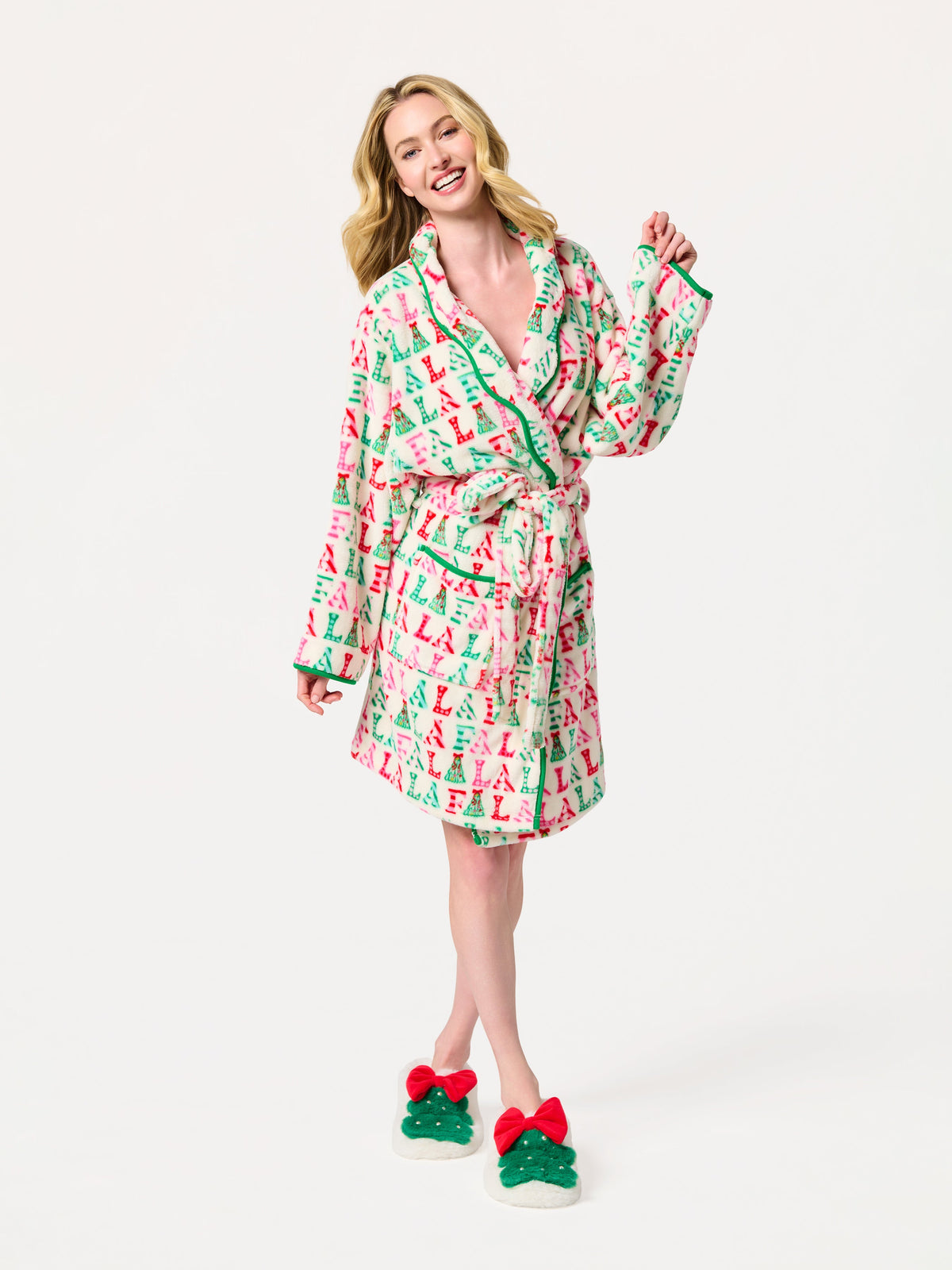 Christmas Tree Slippers, White, shown in a styled setting