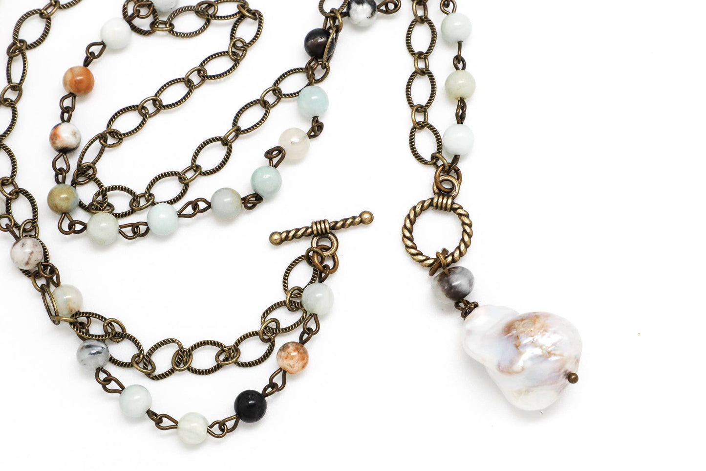 Necklace Amazonite Rosary Antique Gold w/Baroque Pearl36”