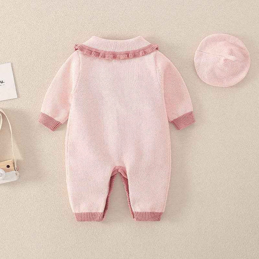 Baby Pink Floral Lace Collar Romper with Hat: Pink / 18-24M