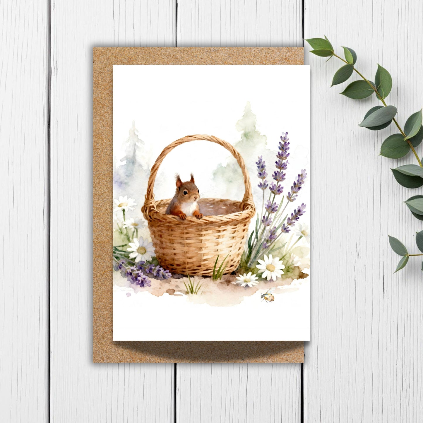 Woodland Squirrel Floral Basket Greeting Card