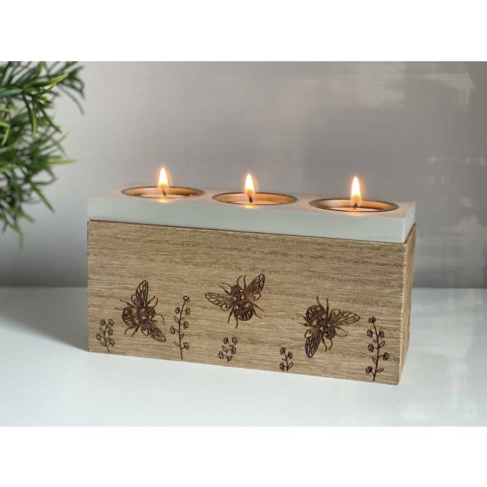 Bee Triple Tealight Holder Box Natural Wood with Black Bees