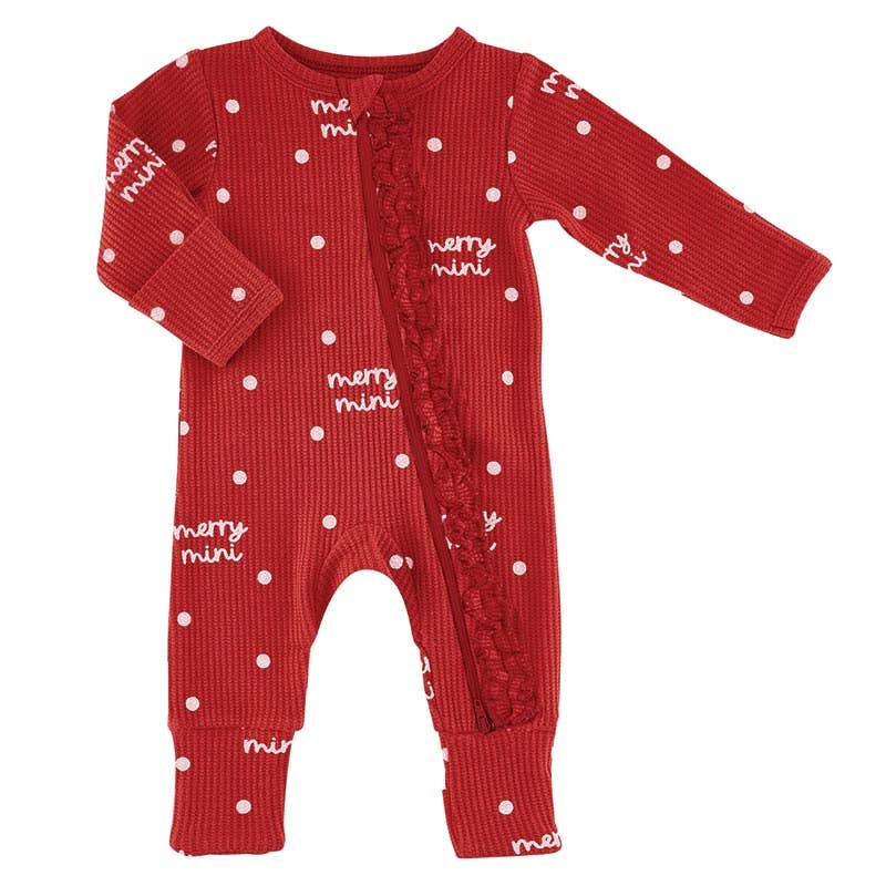 Waffle Knit Cozy Romper with Ruffles - Merry Mini 6-12 Mo