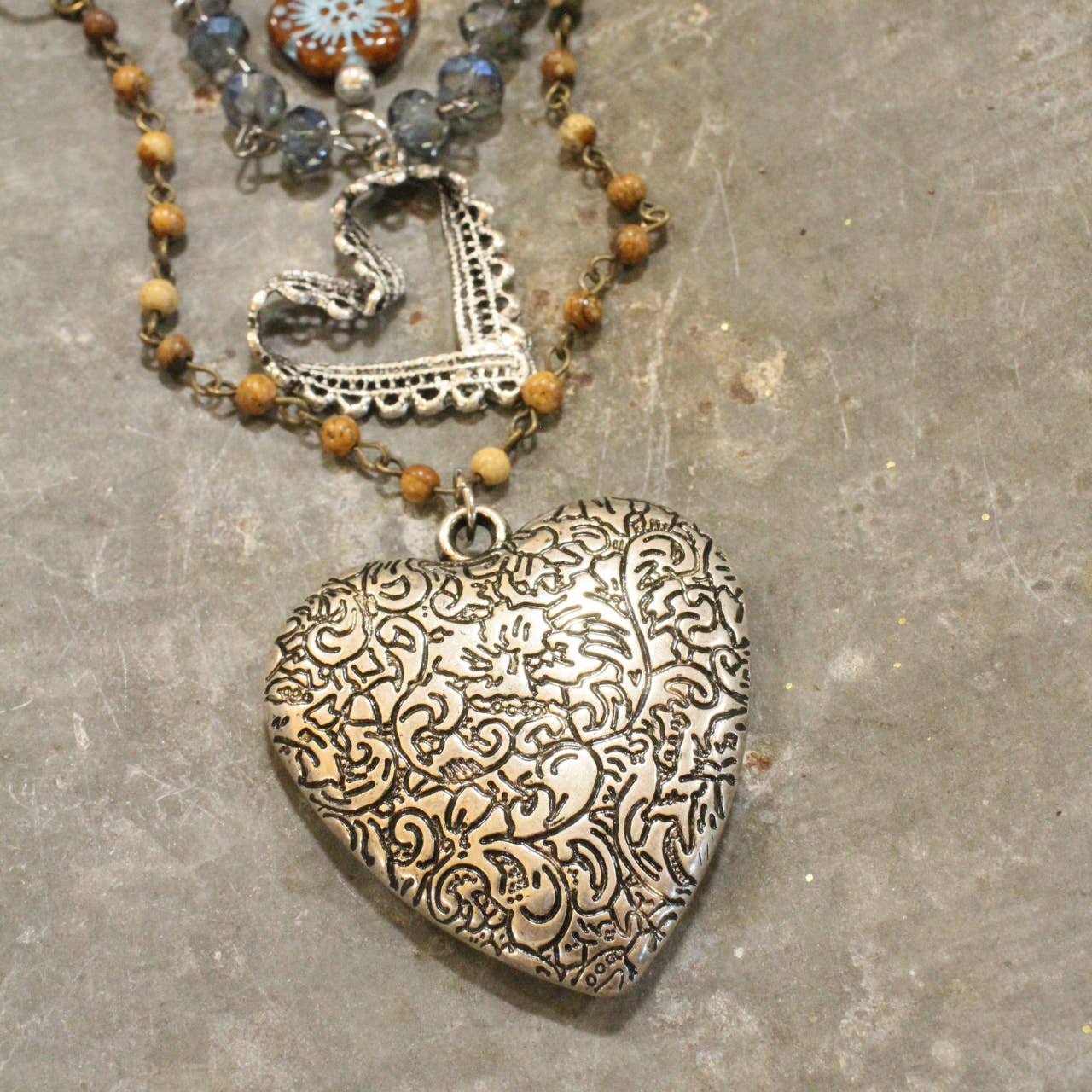 The Primitive Peddler, Inc. - Czech Flower & Leather Silver Heart Layered Necklace