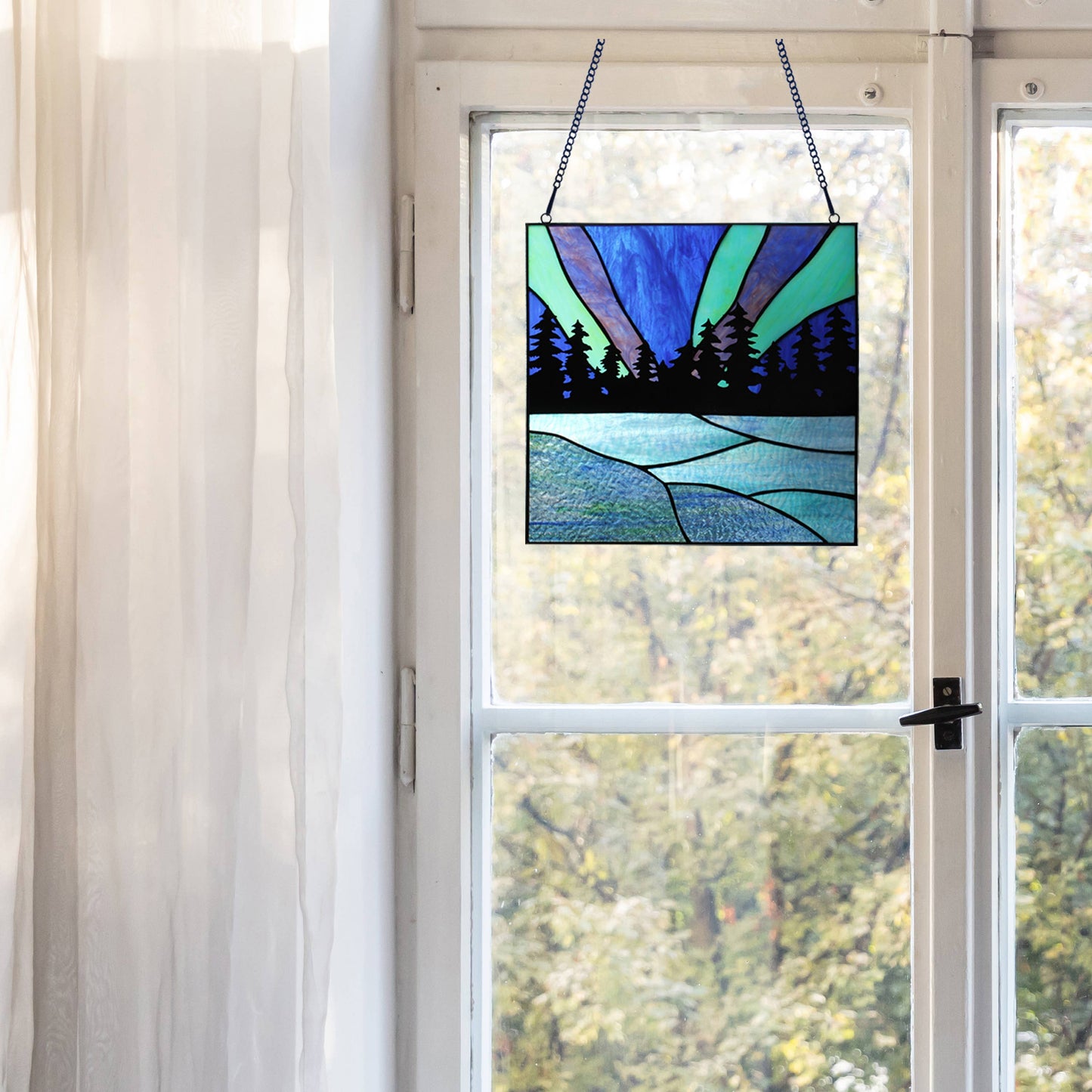 12.5"H Elena Northern Lights Lake Stained Glass Window Panel