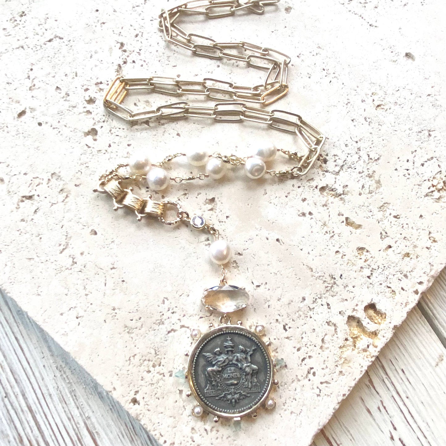 V French medallion coin horse Necklace