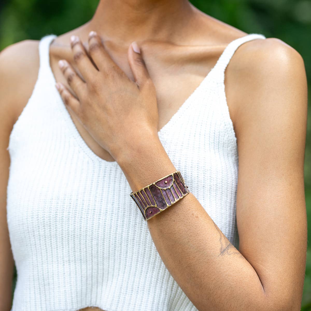 Brass Patina Cuff Bracelet - Plum Arched Lines