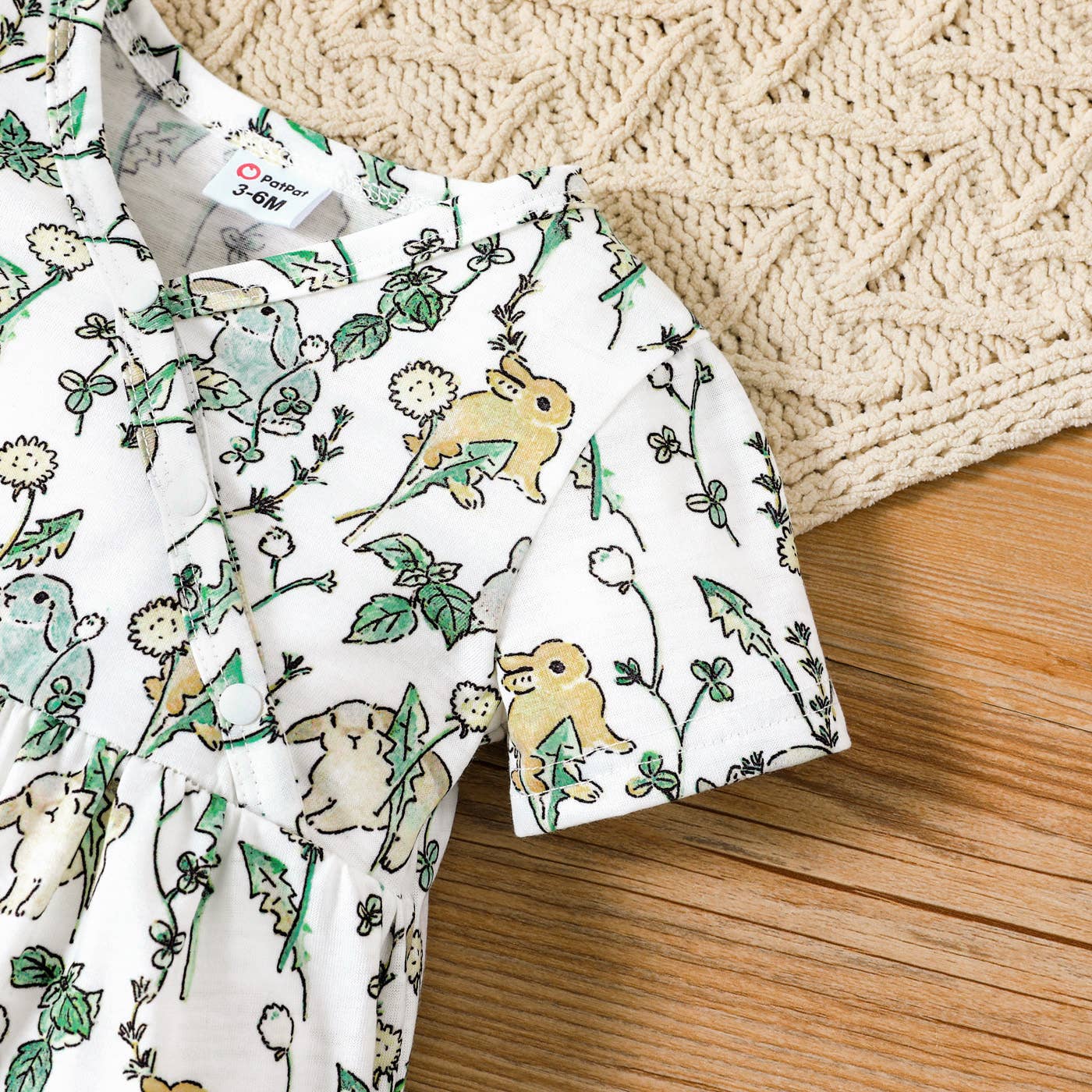 Baby Girl All Over Rabbit  Solid Ribbed V Neck Jumpsuit