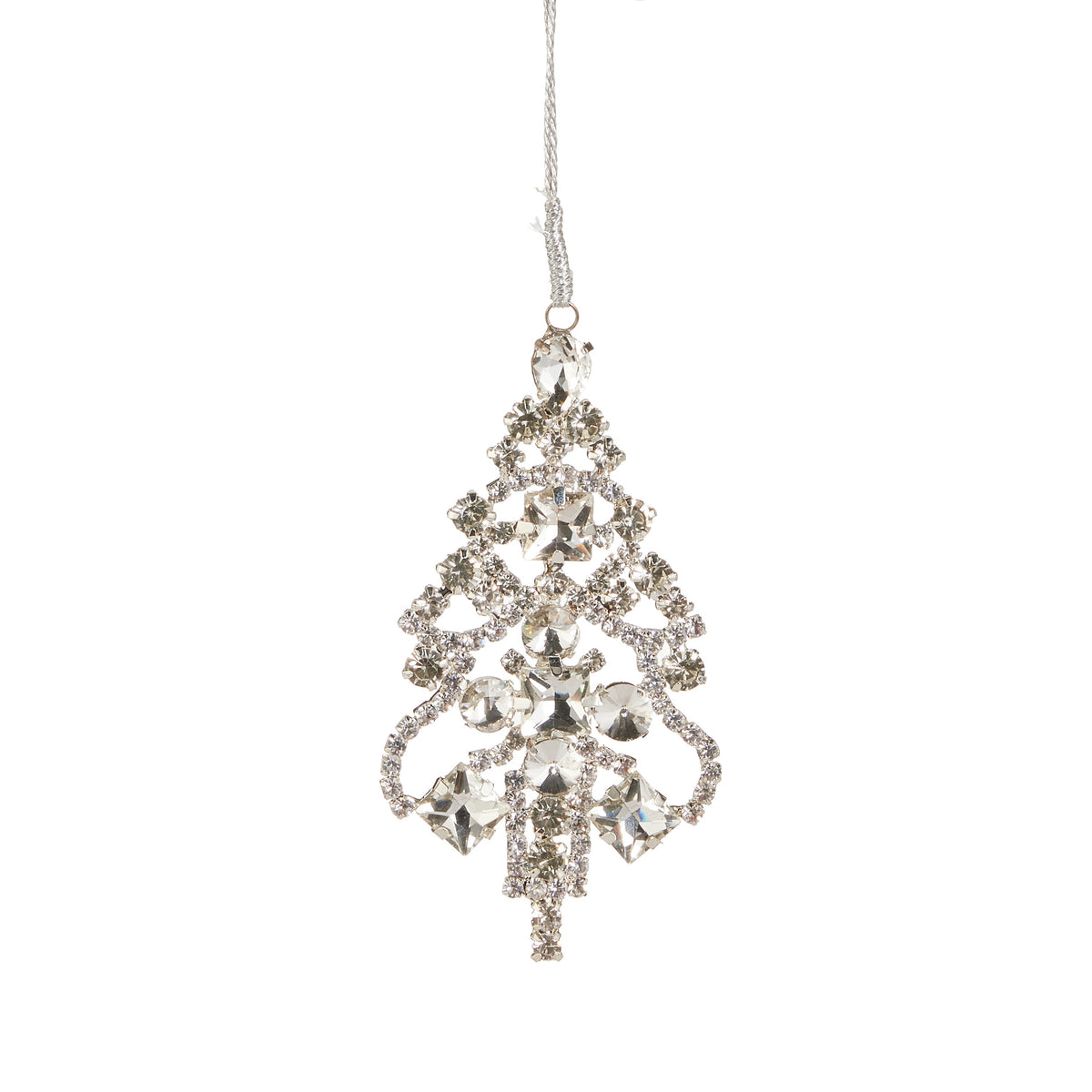 4.5" Gem Brooch Ornament, A brooch shaped ornament in the silhouette of a Christmas tree, built from faceted stones, hanging from a cord.