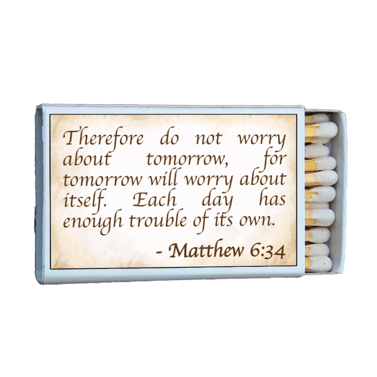 Matches • Bible Verse Matthew 6:34 Matchboxes