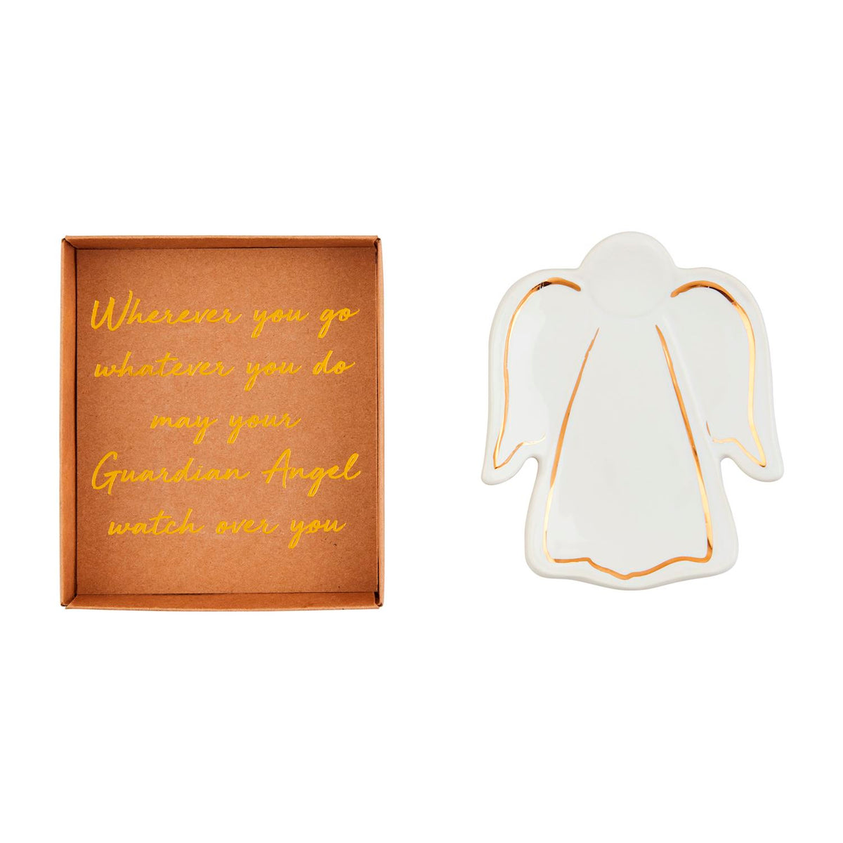 Gold Trimmed Angel Tidbit Dish, A white ceramic dish shaped like an angel with gold lines tracing the wings, head and hem, resting in an open kraft gift box printed with gold script.
