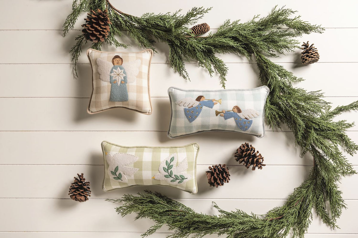 Green Dove Embroidered Applique Pillow, A small rectangular pillow in sage and cream check with two cream felt dove appliques carrying embroidered green branches, finished with a green piped edge.