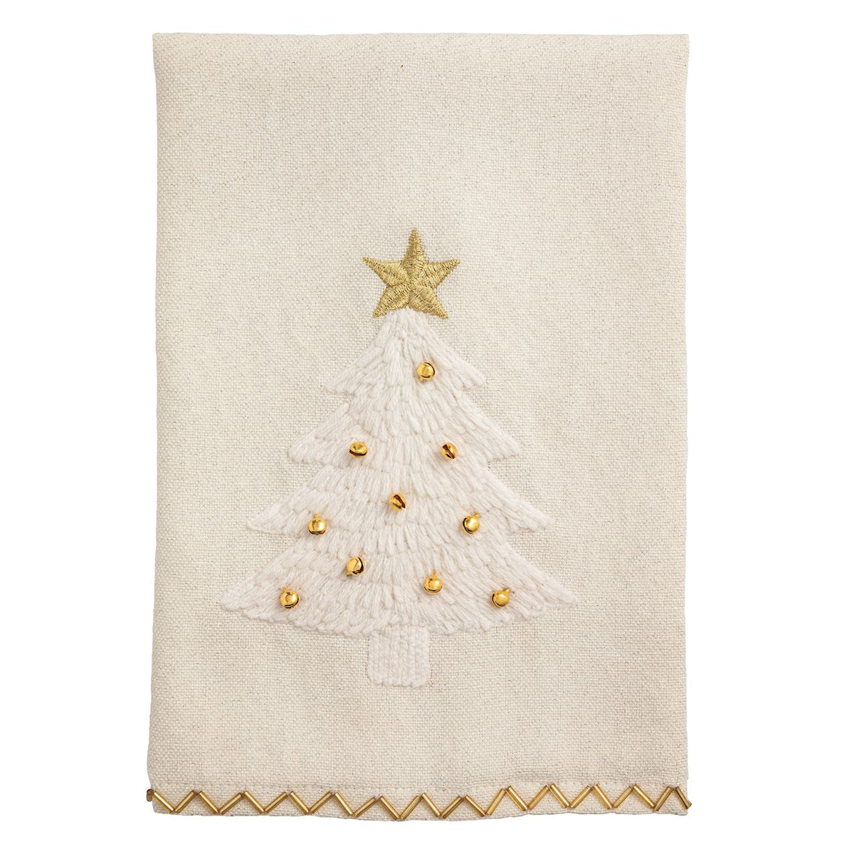 Embroidered Christmas Tree Towel with Gold Bell Beads, A cream woven towel with a white embroidered Christmas tree, a gold star at the top, small gold bells and a gold zig-zag stitched hem.
