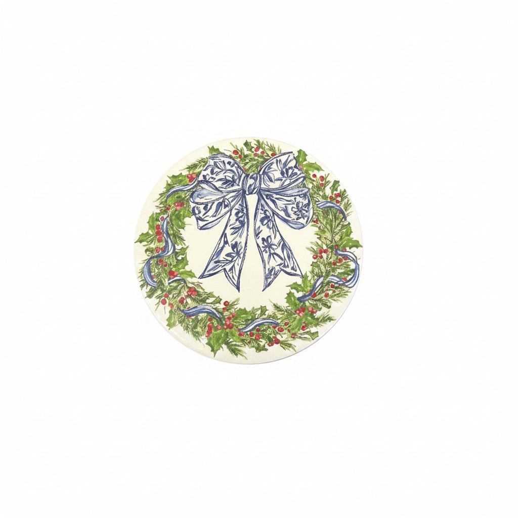 Round Disposable Coaster Set-Hand Painted Christmas Wreath with Blue Bow-20 ct
