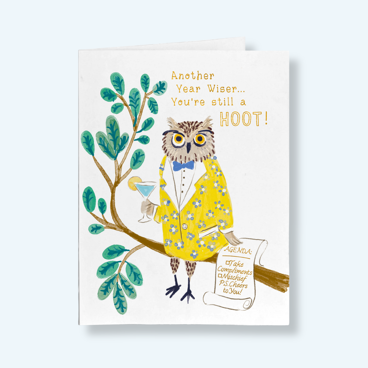 Happy Birthday Card - Gold Foil Dapper Owl & Martini