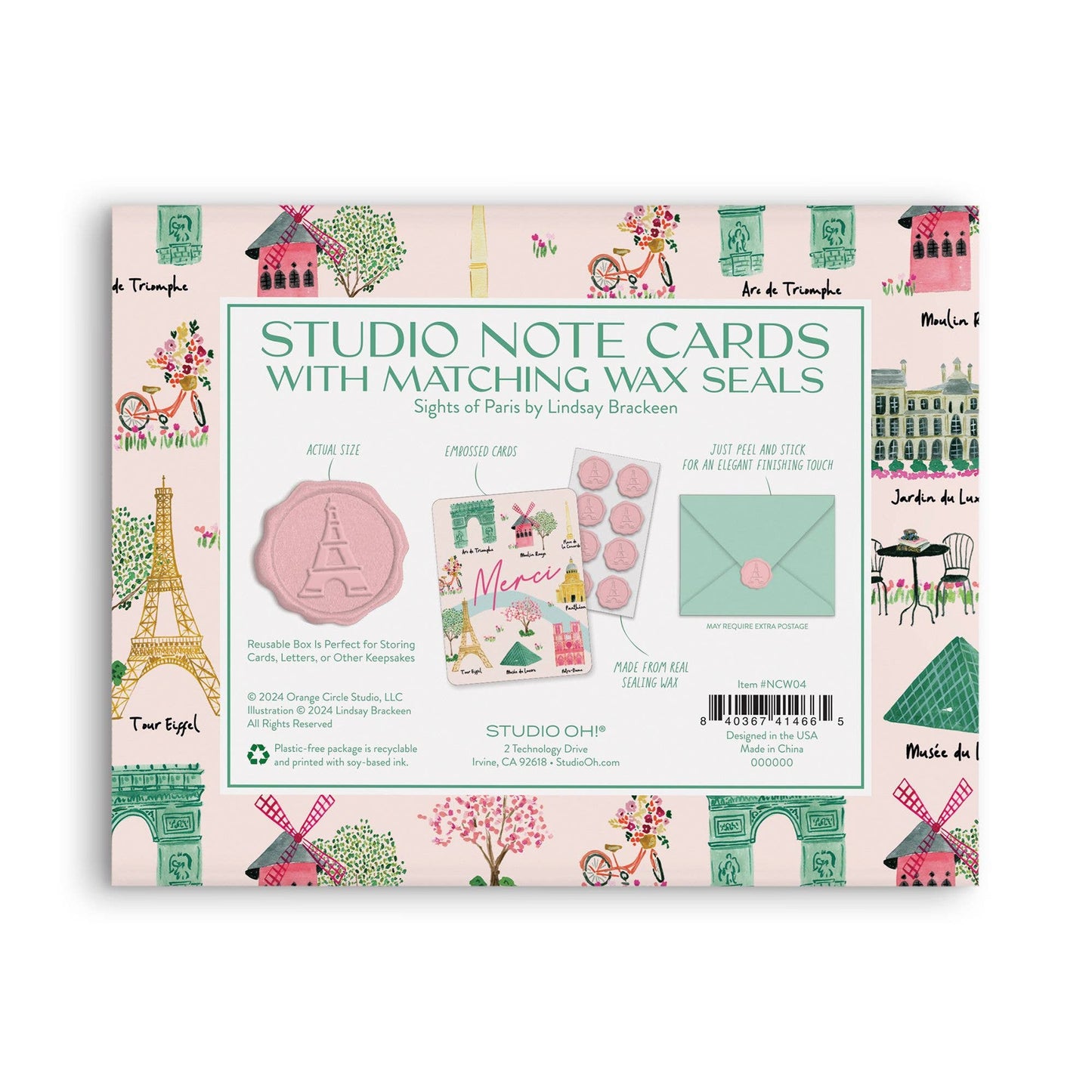 Tarjetas de notas de estudio de lugares de interés de París con sellos de lacre a juego