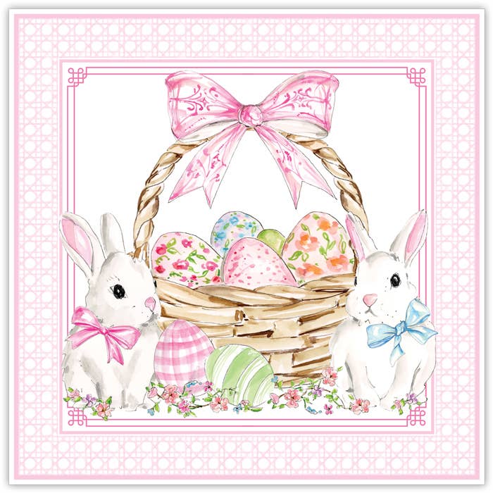 Easter Basket Pink Bow with Eggs, Bunny Bows Square Placemat -RosanneBeck Collections