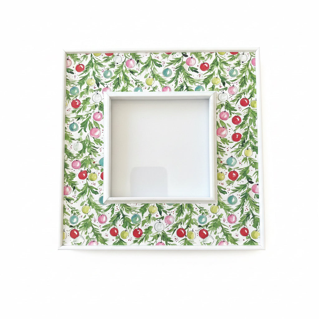 White Hand Painted Green Holly & Colorful Ornaments 4"x4" Frame