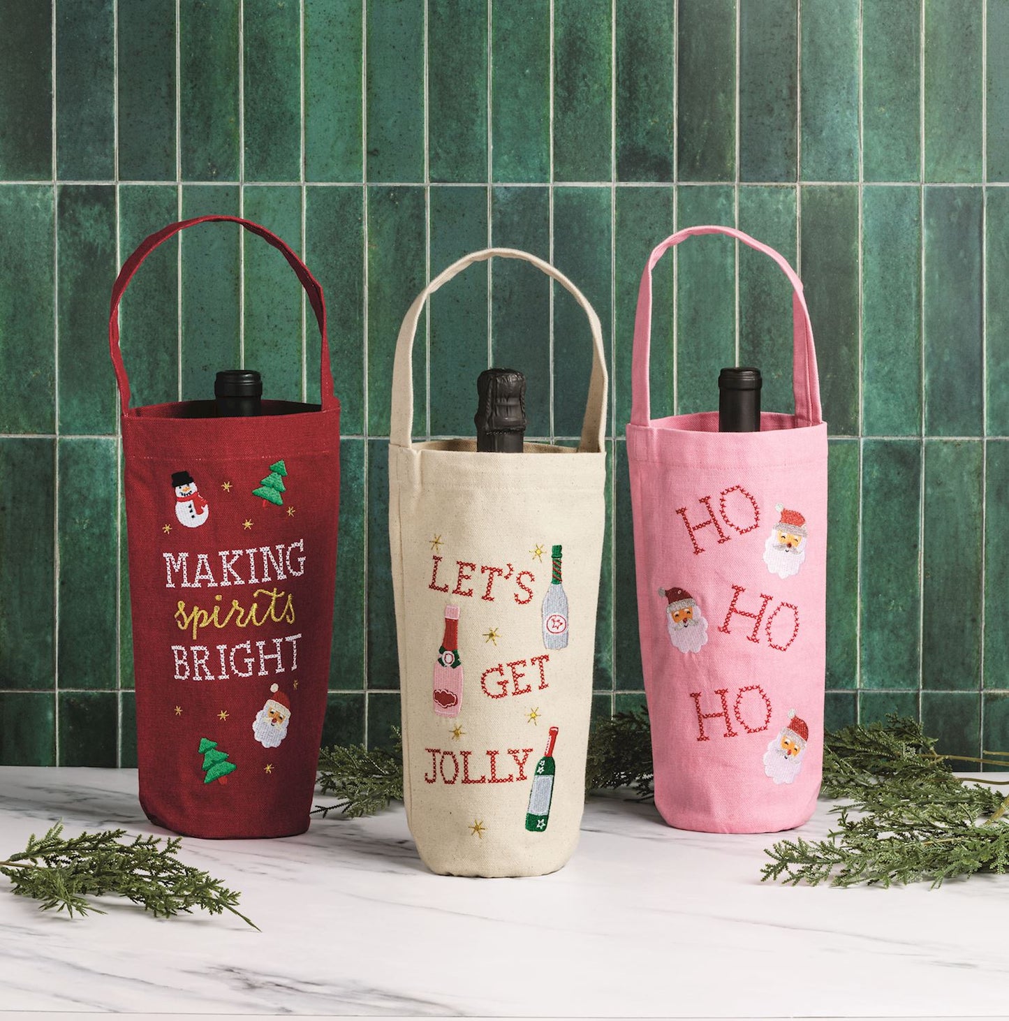 Let's Get Jolly Embroidered Canvas Wine Bag, view 2