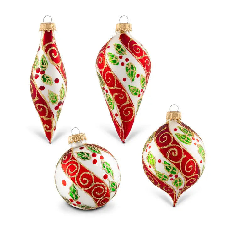4 Piece Silver Pearl Glass Drop Shapes with Red Holly and Scrolls with Gold Cap (4 Different Shapes)