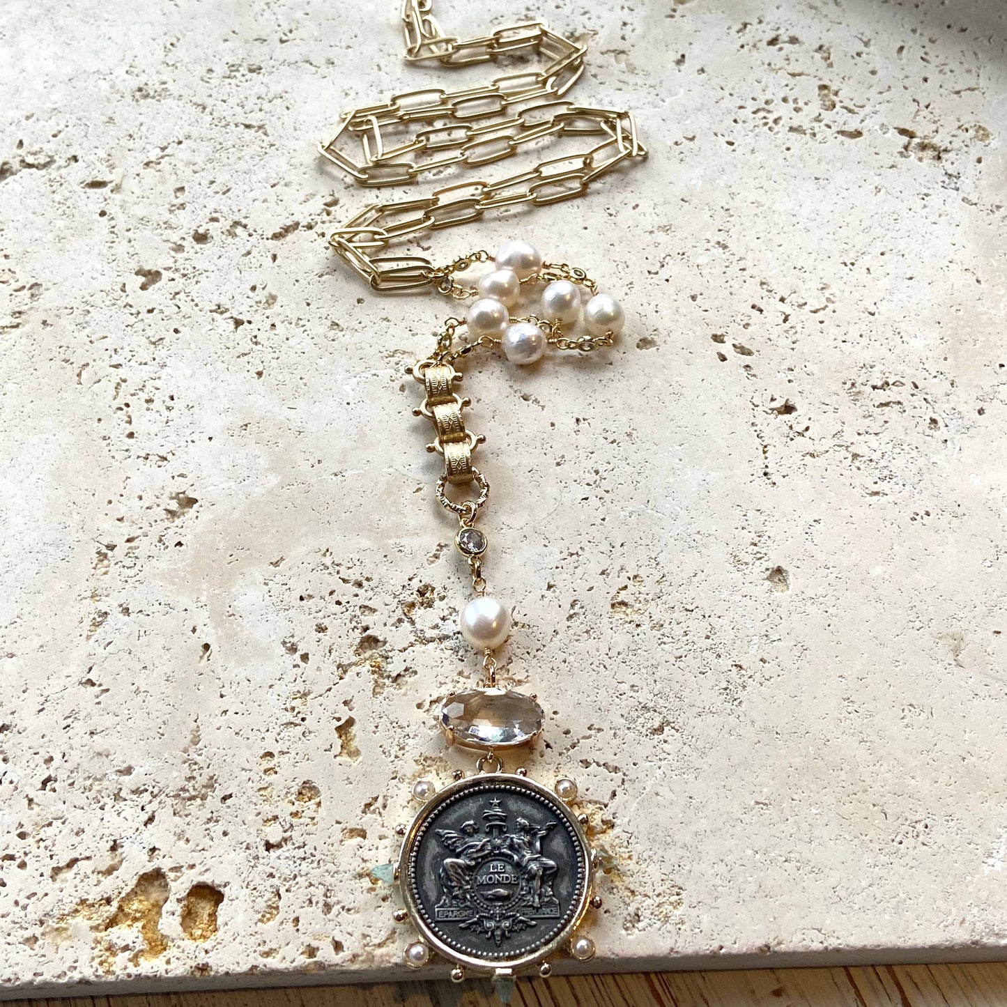 V French medallion coin horse Necklace