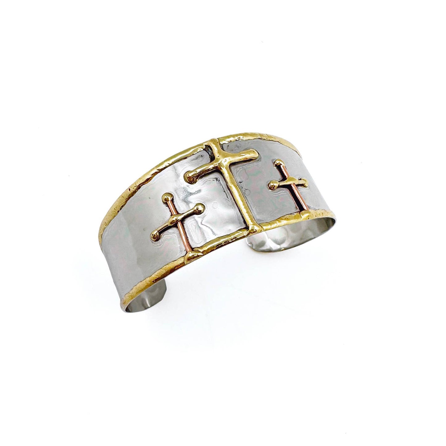 Mixed Metal Cuff Bracelet - Three Gold Crosses