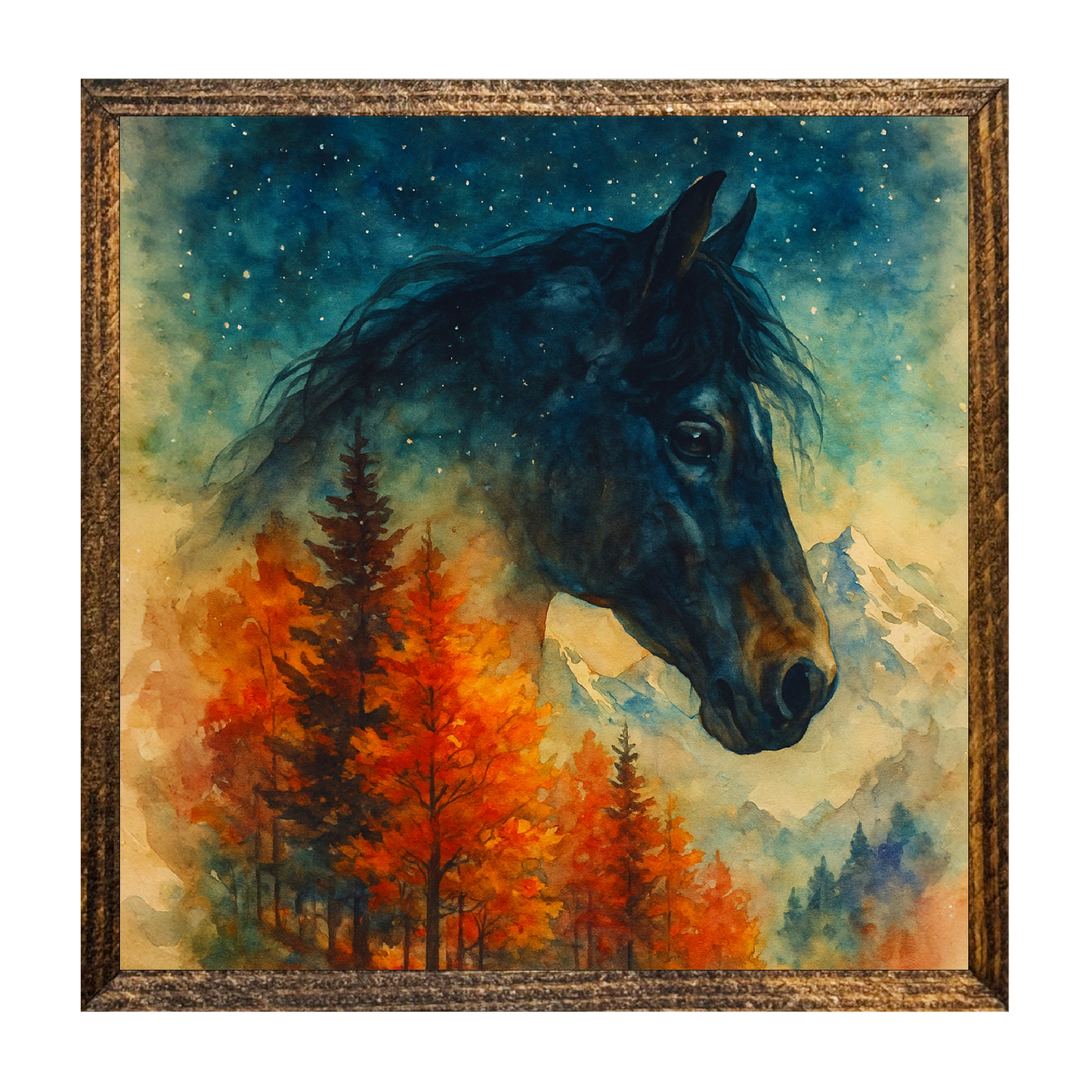 Jarmz Designs - 7"x7" WOOD FRAMED CANVAS SHELF SITTER-MOUNTAIN HORSE ABST