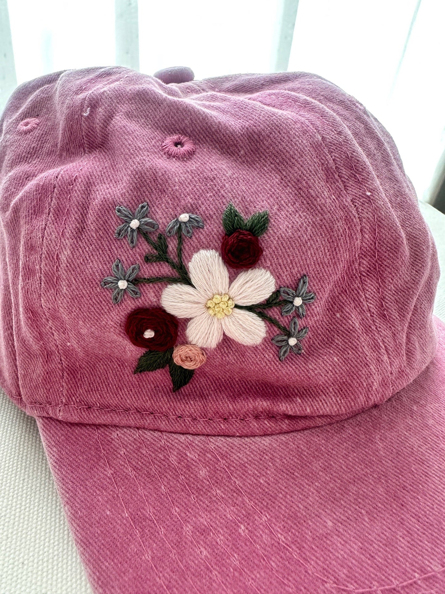 White Flower Embroidered Pink Baseball Cap