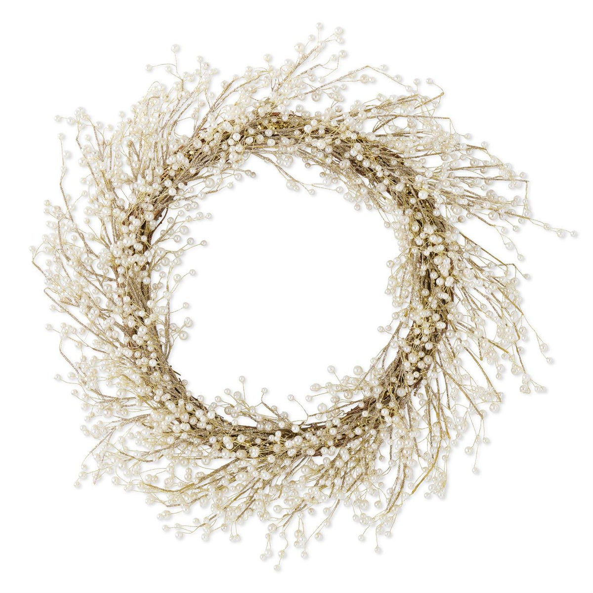 Gold Glittered Twig Wreath w/Pearls on Vine-30"