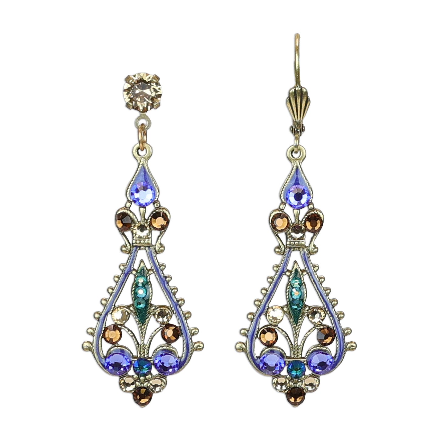 Filigree Green Purple and Brown Open Spade Crystal Earrings