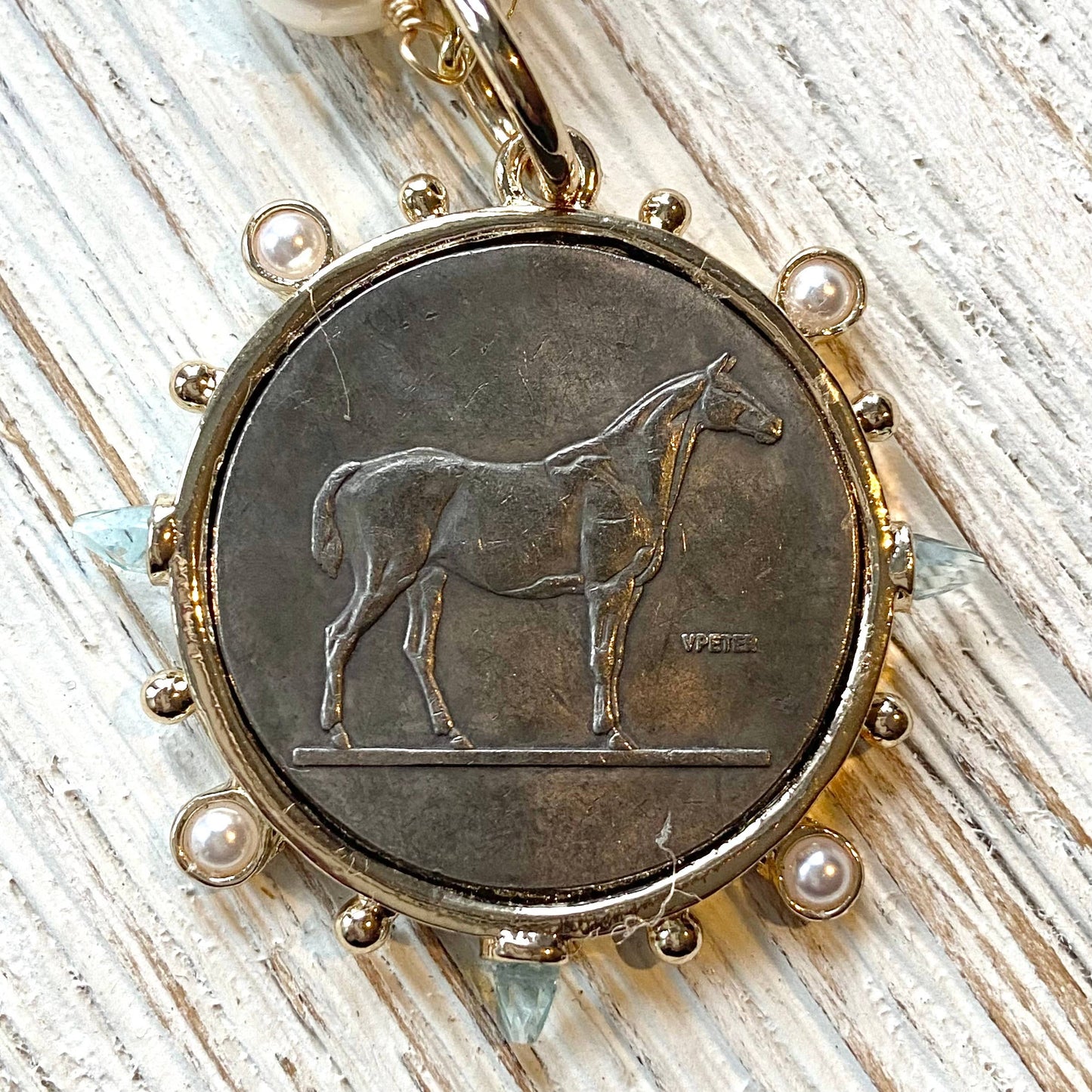 V French medallion coin horse Necklace