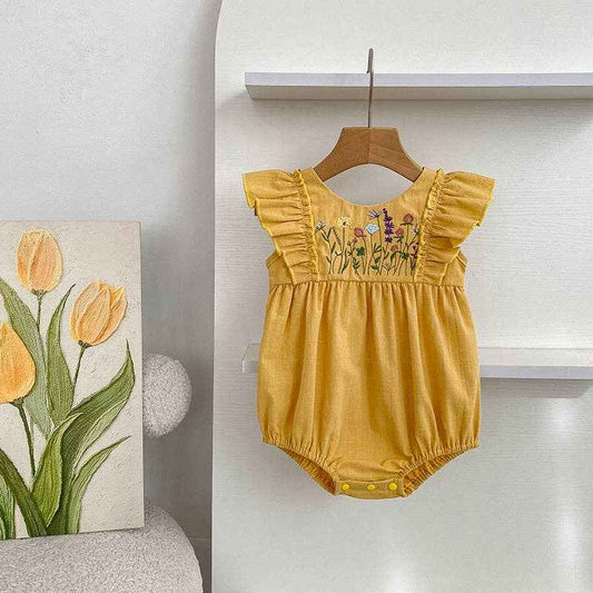 Baby cotton floral embroidery bodysuit romper: Yellow / 0-3M