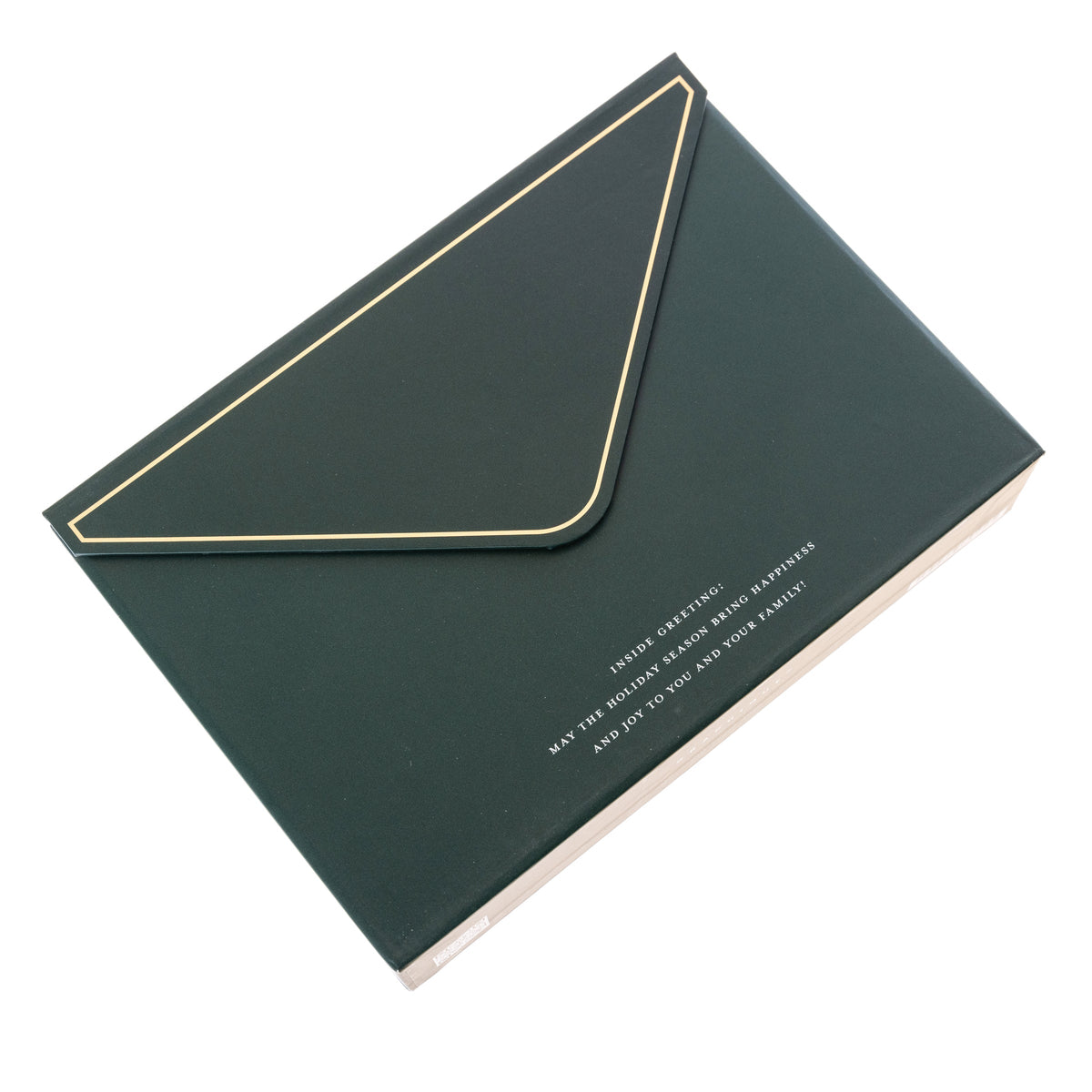 Peace Holiday Keepsake Boxed Cards, A dark green boxed Christmas card set with a gold foil pinecone and pine bough design reading Wishing you peace, love, and joy.