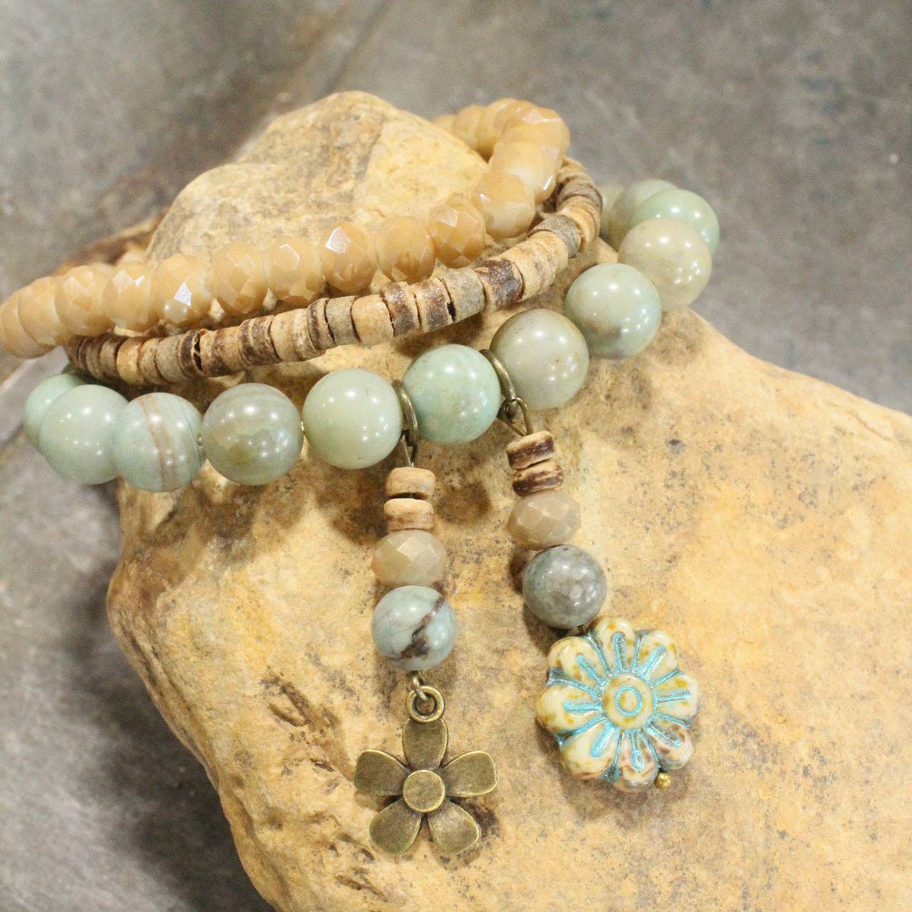 Stone, Glass, & Coconut Flower Dangle Bracelet Set