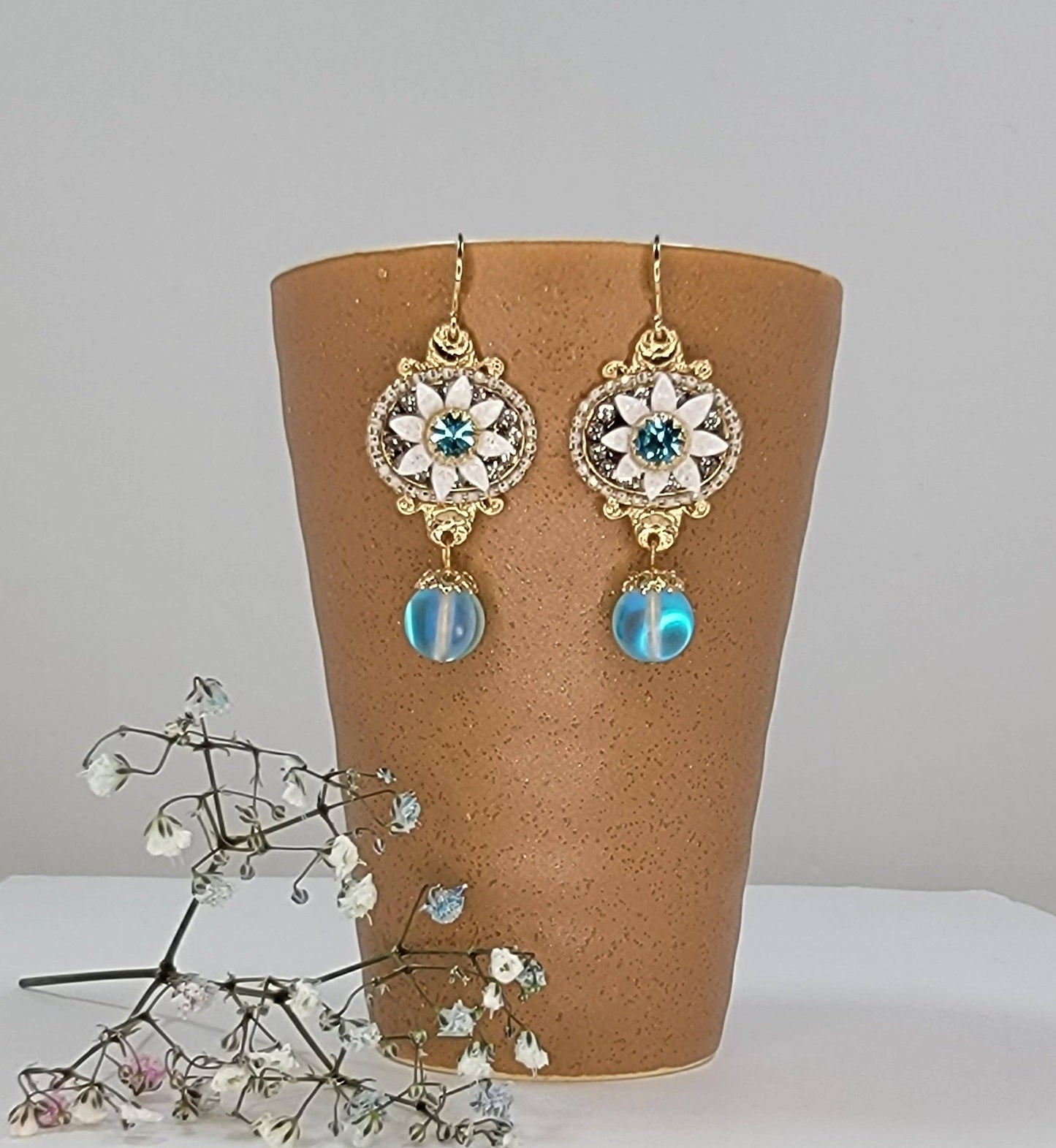 Handmade Daisy Accent With Moonstone Dangle Earrings