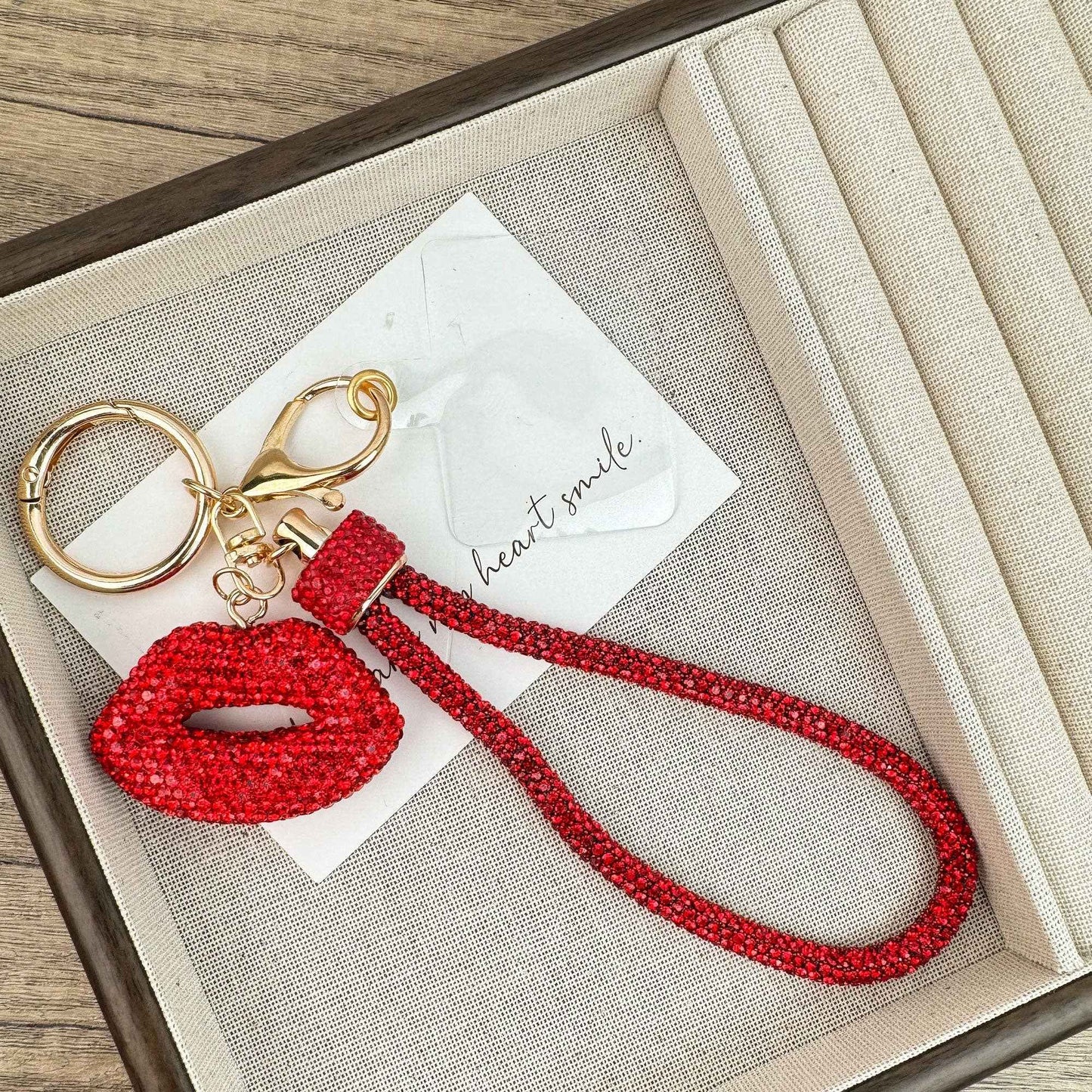 Heart Shape Rhinestone Alloy Keychain Wristlet K1441: Red